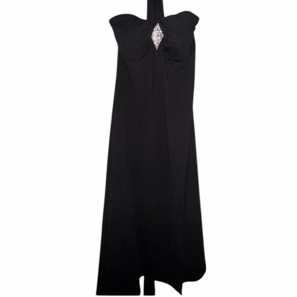 Bisou Bisou Black Halter Midi Evening Dress w/ Rhinestone Accent – Size 6